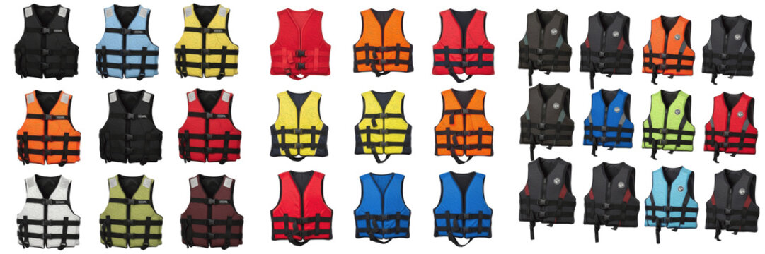 Collection of colorful life jackets and safety vests for boating