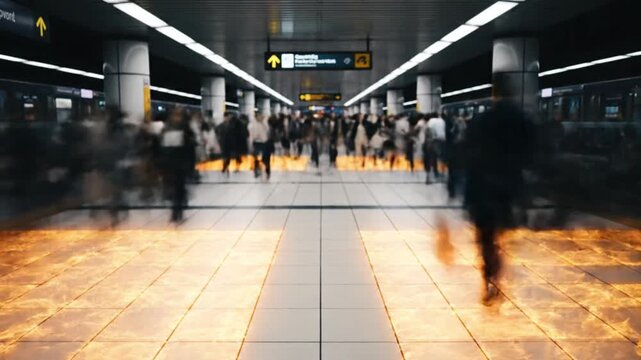 Timelapse of Busy Subway Station Floor Tiles Glowing with Kinetic Energy