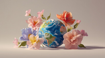 Earth Globe Surrounded by Colorful Flowers