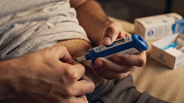 Person administering injection with auto injector