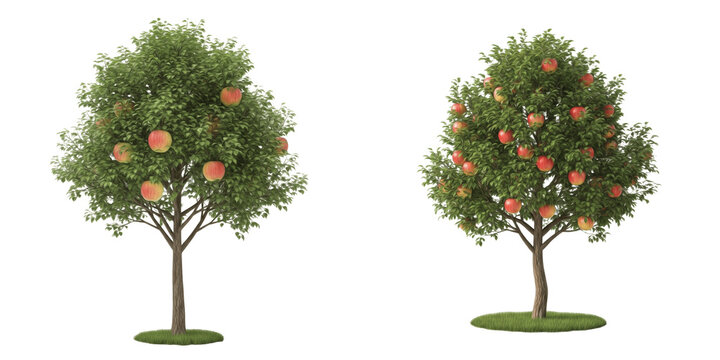 Collection of Fresh Apple Trees with Red Ripe Fruits Isolated