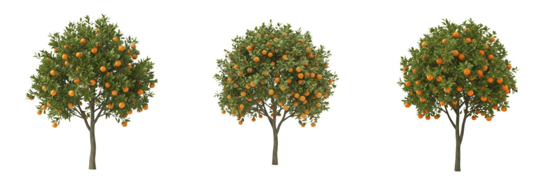 Collection of Fresh Orange Trees with Ripe Fruit Isolated Set