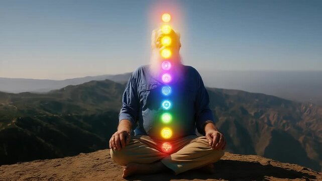 An elderly man with a white beard sits cross-legged on a mountain peak. His chakras shine in bright colors against the clear sky. He enjoys a moment of meditation and connection with nature