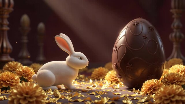 Photorealistic image of a white rabbit with pink inner ears sitting next to a decorated chocolate Easter egg, surrounded by golden flowers and petals on a softly lit surface.