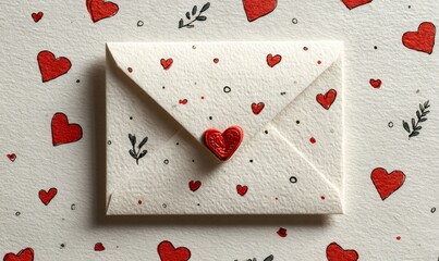 Envelope featuring a heart wax seal, surrounded by red hearts and decorative elements, symbolizing romance and affection