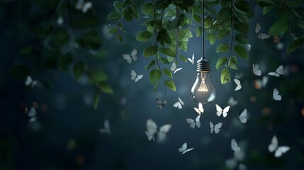 a glowing light bulb hanging from green leaves, surrounded by white butterflies flying