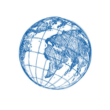 Globe sketch. Hand drawn earth planet with continents and oceans. Doodle world map vector illustration. Planet and world sketch map with ocean and land.