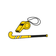 Field Hockey Stick and Whistle, Sports Equipment, Referee Tool, Yellow and Black