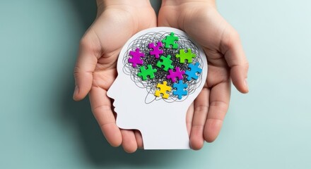 Brain puzzle in hands; colorful pieces