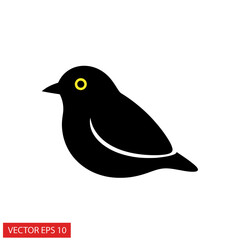 Simple Black Bird Icon with Yellow Eye - Vector Illustration