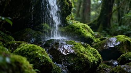 Obraz premium A small waterfall cascades over moss-covered rocks in a dense forest.