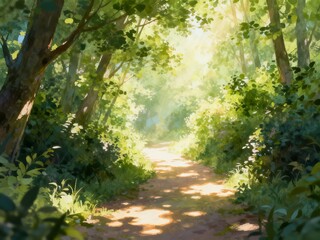 Fototapeta premium Sunlit forest path winding through lush green trees and foliage