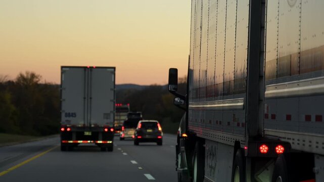 Driving close to semi trucks on the autumn evening highway. Wide POV wide shot shot. transportation, logistics, freight delivery, and commercial travel