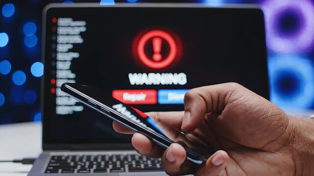 Hand holding smartphone with laptop warning
