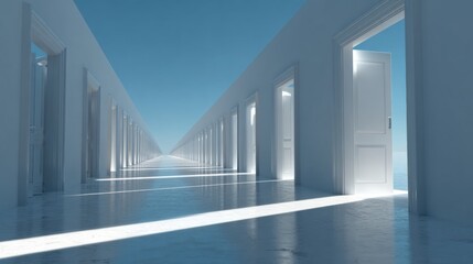 Obraz premium Exploring Choice Overload With Many Doors Leading to Light in an Abstract Space