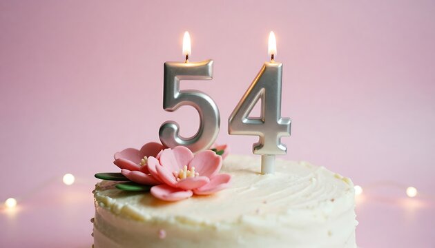 A beautifully decorated birthday cake with lit silver number 54 candles and pink flowers