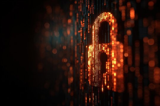 Futuristic cyber security illustration. Wireframe closed lock on blue blur background. Padlock technology, cybersecurity, and digital connection