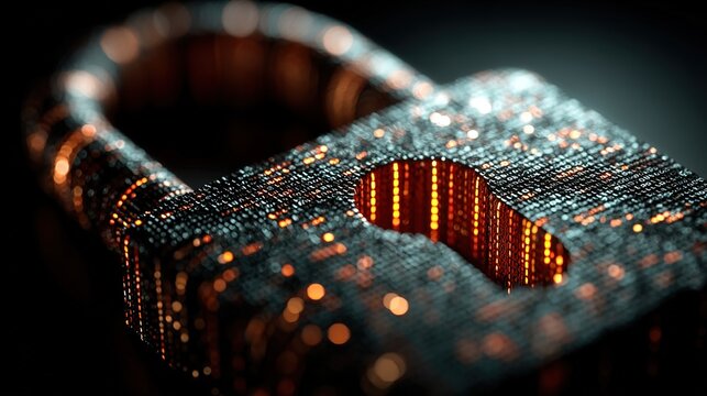 Futuristic cyber security illustration. Wireframe closed lock on blue blur background. Padlock technology, cybersecurity, and digital connection