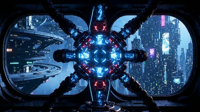 Futuristic quantum processor and Fusion reactor core pulsating with vibrant energy, illuminating a control room overlooking a sprawling cyberpunk city with flying vehicles and towering structures.