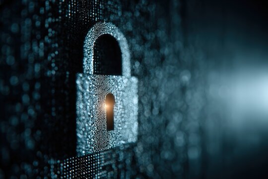 Futuristic cyber security illustration. Wireframe closed lock on blue blur background. Padlock technology, cybersecurity, and digital connection
