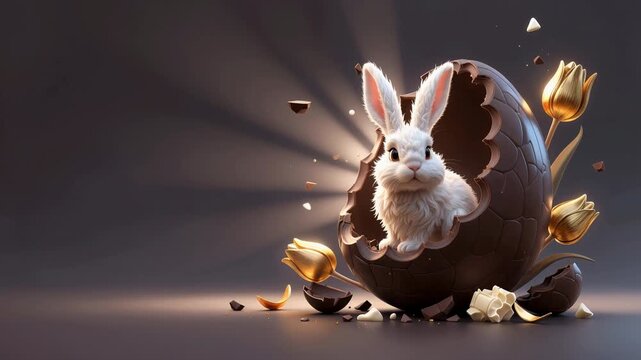 a white rabbit with closed eyes, emerging from a broken chocolate egg. The egg is cracked open on the right.