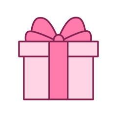 Cute Pink Gift Box Icon in Flat Line Style, Romantic Valentine Present Illustration for Love Celebration, Wedding Branding, Holiday Sale, Stickers, Greeting Cards, UI and Digital Marketing.