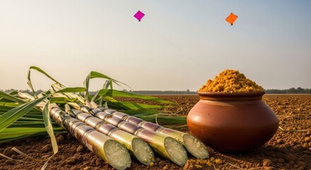 Sugarcane, jaggery pot under kites on brown ground