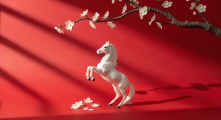 White horse rearing under cherry blossom branch on red