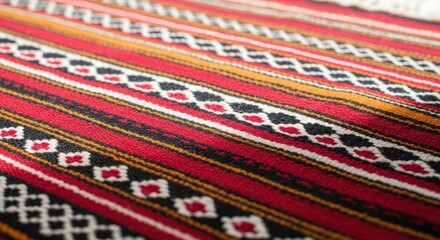 Woven textile with vibrant red, white, black, orange stripes