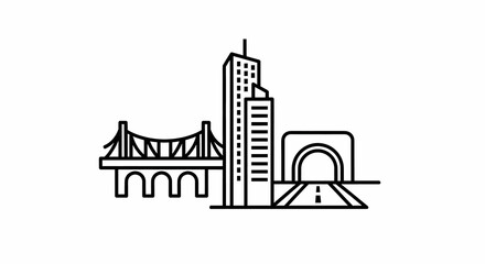 Modern City Infrastructure Featuring a Suspension Bridge, Tall Skyscrapers, and a Road Leading into a Tunnel