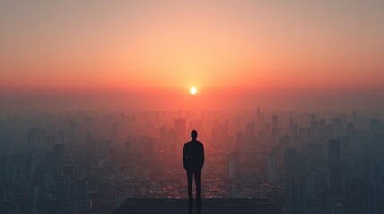 Fototapeta premium Leader Silhouette Stands Before a Dawn Skyline, Symbolizing Responsibility and Vision Amid an Awakening City