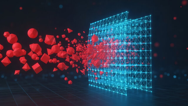 Cybersecurity concept of digital shield protecting against red data cubes invasion on dark grid background