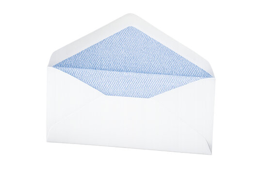 Open white envelope with blue security tint pattern inside, symbolizing confidential mail, secure correspondence, and private communication