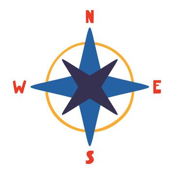 Wind rose, compass star isolated on transparent background. Hand drawn flat vector illustration. Kids nautical print, design element, clip art. Map element, cardinal directions, heraldic symbol