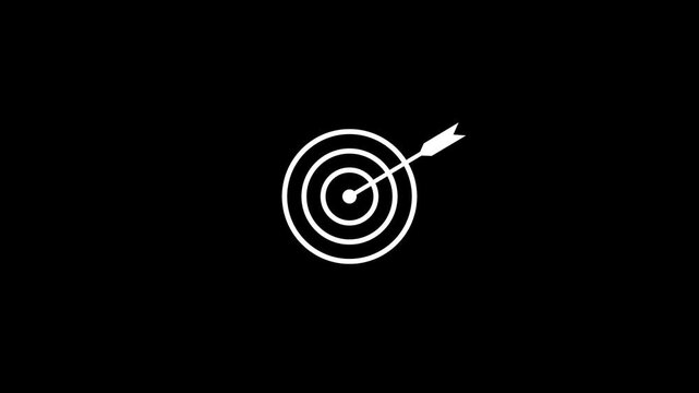 A minimalist white outline of a target with an arrow hitting the bullseye centered on a solid black background creating a stark contrast and symbolizing focus and achievement