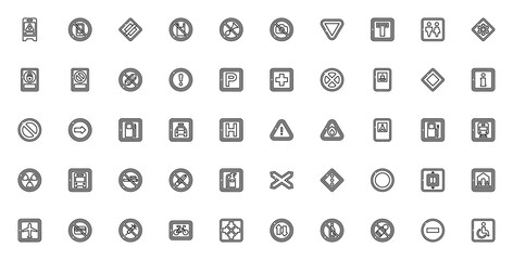 Signals and Prohibitions icon set. Vector symbols pack including wet floor, no smoking, parking, hospital, warning signs and more. Editable stroke.