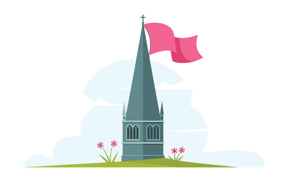 A minimalist vector illustration of a church steeple with a pink flag waving on a green hill with flowers