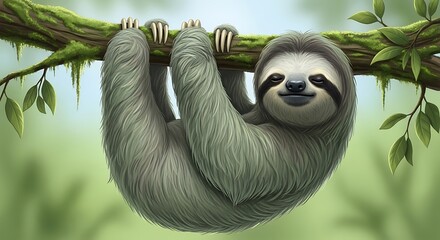 Obraz premium Adorable sloth hanging from a tree branch, with lush green foliage in the background, a serene wildlife portrait