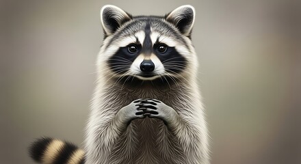 Fototapeta premium Captivating Close-up of a Raccoon, Its Paws Gently Clasped, Displaying a Striking Gaze and the Inherent Nimbleness of Wild Creatures