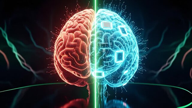 Human brain with glowing orange and blue circuits, representing artificial intelligence and human thought