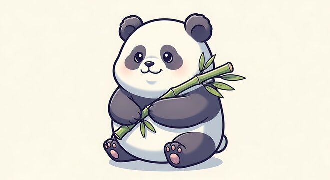 Cute illustration of a playful baby panda cub hugging a bamboo stalk, in a charming cartoon style, perfect for children's themes