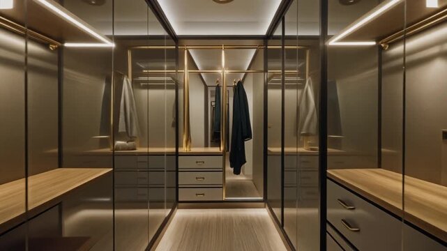 Modern luxury walk-in closet with sleek mirrored walls and LED lighting, showcasing organized clothing and accessories from a centered viewpoint.