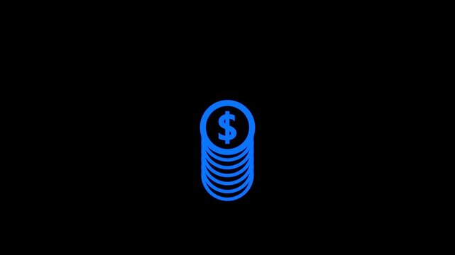 A vibrant blue line illustrating a stack of five coins with a dollar sign on the coin, presented against a solid black background, signifying financial concepts and monetary value