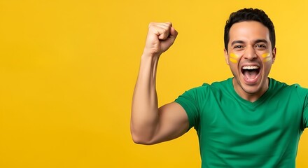 Fototapeta premium One handsome young guy standing isolated in a casual shirt with an angry face expression, screaming and shouting while making a victory hand gesture like a successful winner celebrating success