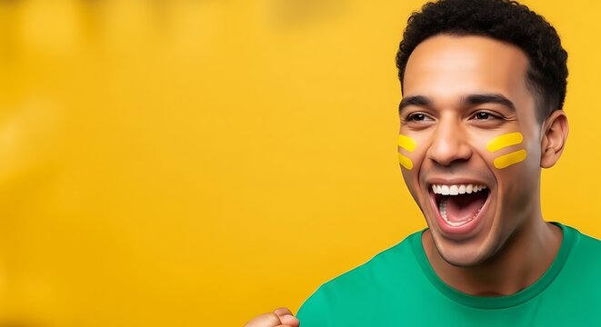 Close-up portrait of a handsome young African American guy with an intense shouting expression and dark hair on a black background