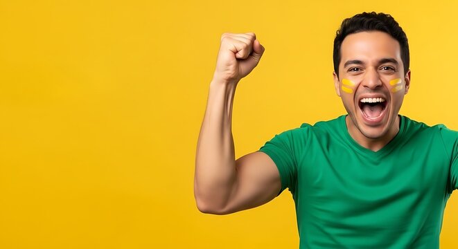 One handsome young guy standing isolated in a casual shirt with an angry face expression, screaming and shouting while making a victory hand gesture like a successful winner celebrating success