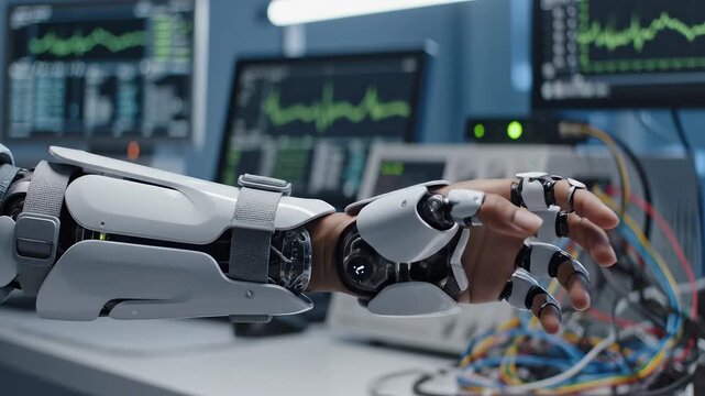 Human hand with robotic arm attachment