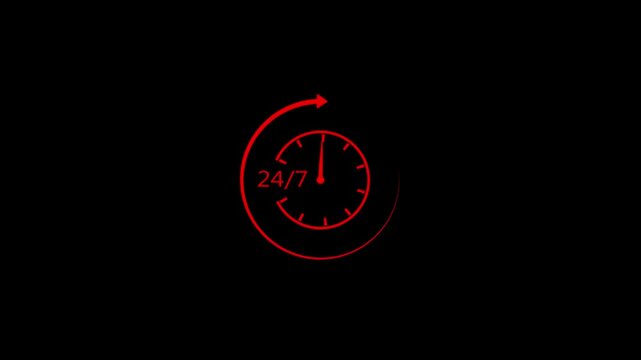 Red 24/7 service clock with circular arrow on a dark black background symbolizing constant availability and round the clock business operations and customer support services