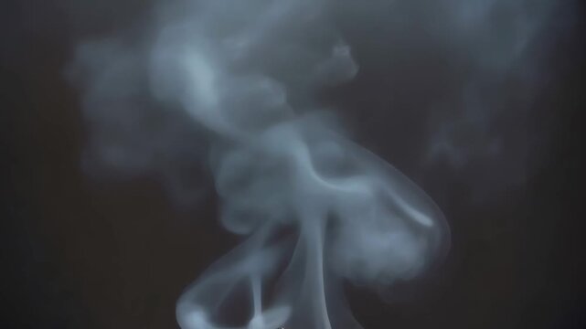 Ethereal and mystical white smoke rising and swirling in slow motion against a solid dark background, creating beautiful and abstract patterns, shapes, and turbulent textures in the air