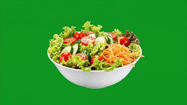 Fresh vegetable salad in a white bowl rotating on a green screen.